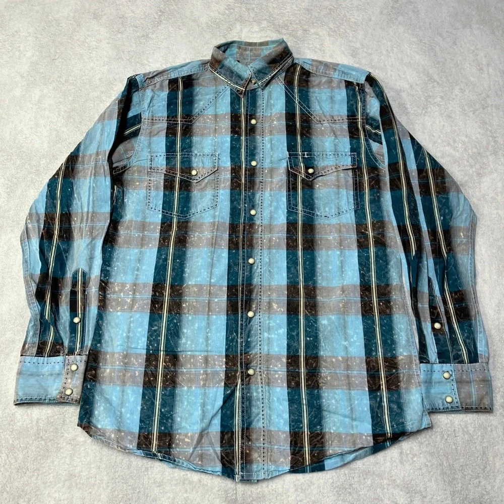 Cowboy Collection Shirt Western Pearl Snap Plaid Blue Ranch Grunge Men M